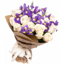 Bouquet of white roses and blue irises for Mom
